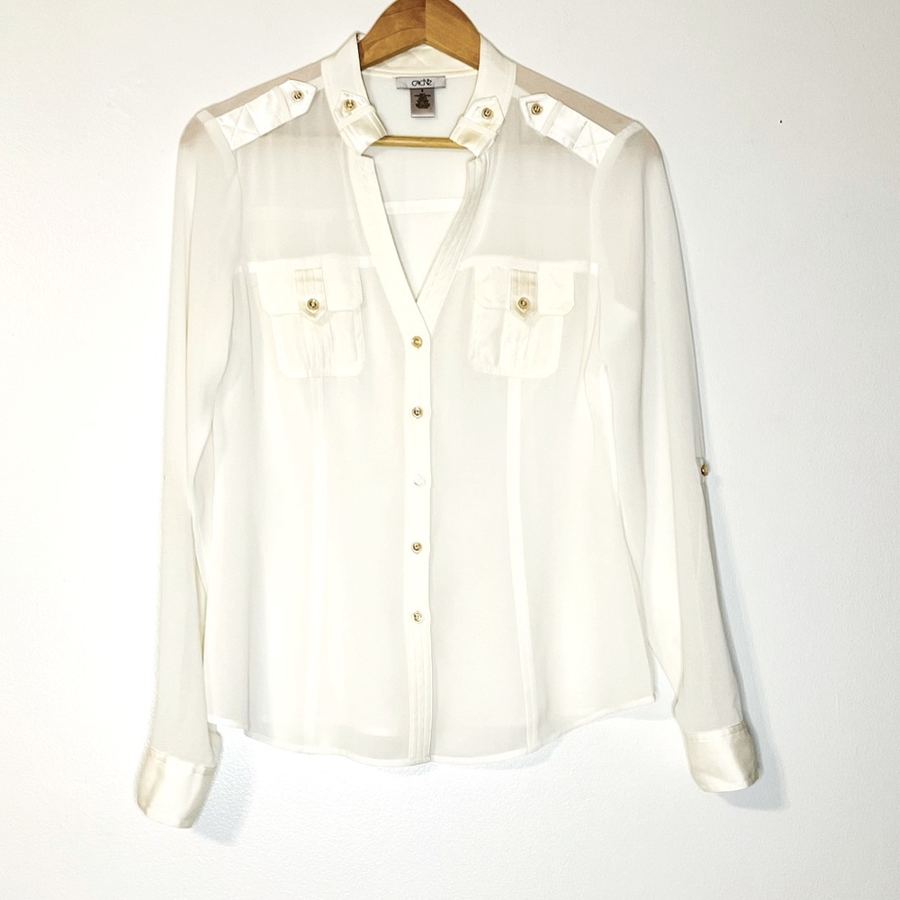 Cache Sheer & Silk Blend White Button Up Top Roll… - image 1
